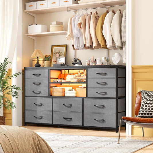 12 Drawer Long Dresser LED Lights Power Outlet-0