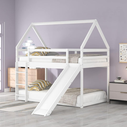 Twin Bunk Beds for Kids,Wood House Bunk Bed Twin over Twin,Kids Bunk Bed with Slide and Roof for Girls Boys,White-0