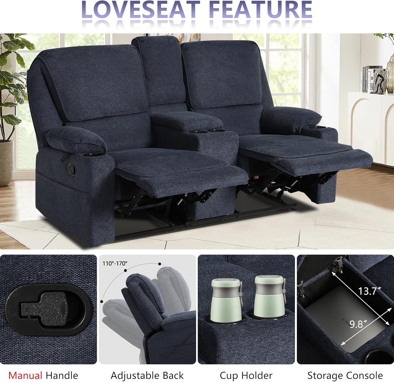 Reclining Living Room Set, 2-Piece Recliner Furniture Sofa, Loveseat Recliner and Swivel Recliner Chair with Cup Houlders for Living Room,Navy Blue-2