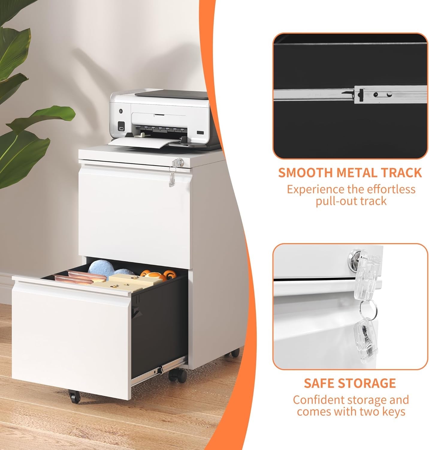 2 Drawer Mobile File Cabinet with Lock,Rolling Metal Office Storage Filing Cabinet under Desk for Home Office,Legal/Letter/A4, Fully Assembled,White-3