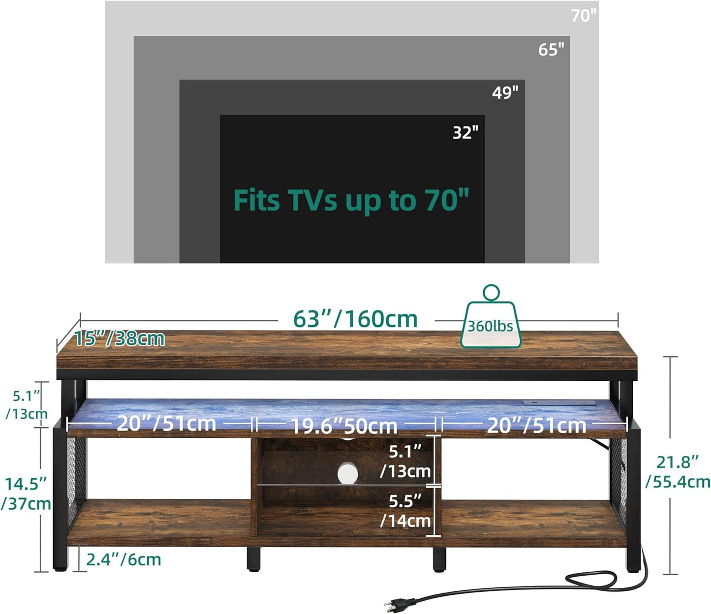 LED Television Stands W/Power Outlets for 70/65 Inch, Modern Industrial TV Stand, Entertainment Center W/Open Storage, Entertainment Center for 360Lbs for Living Room, Retro Brown-1