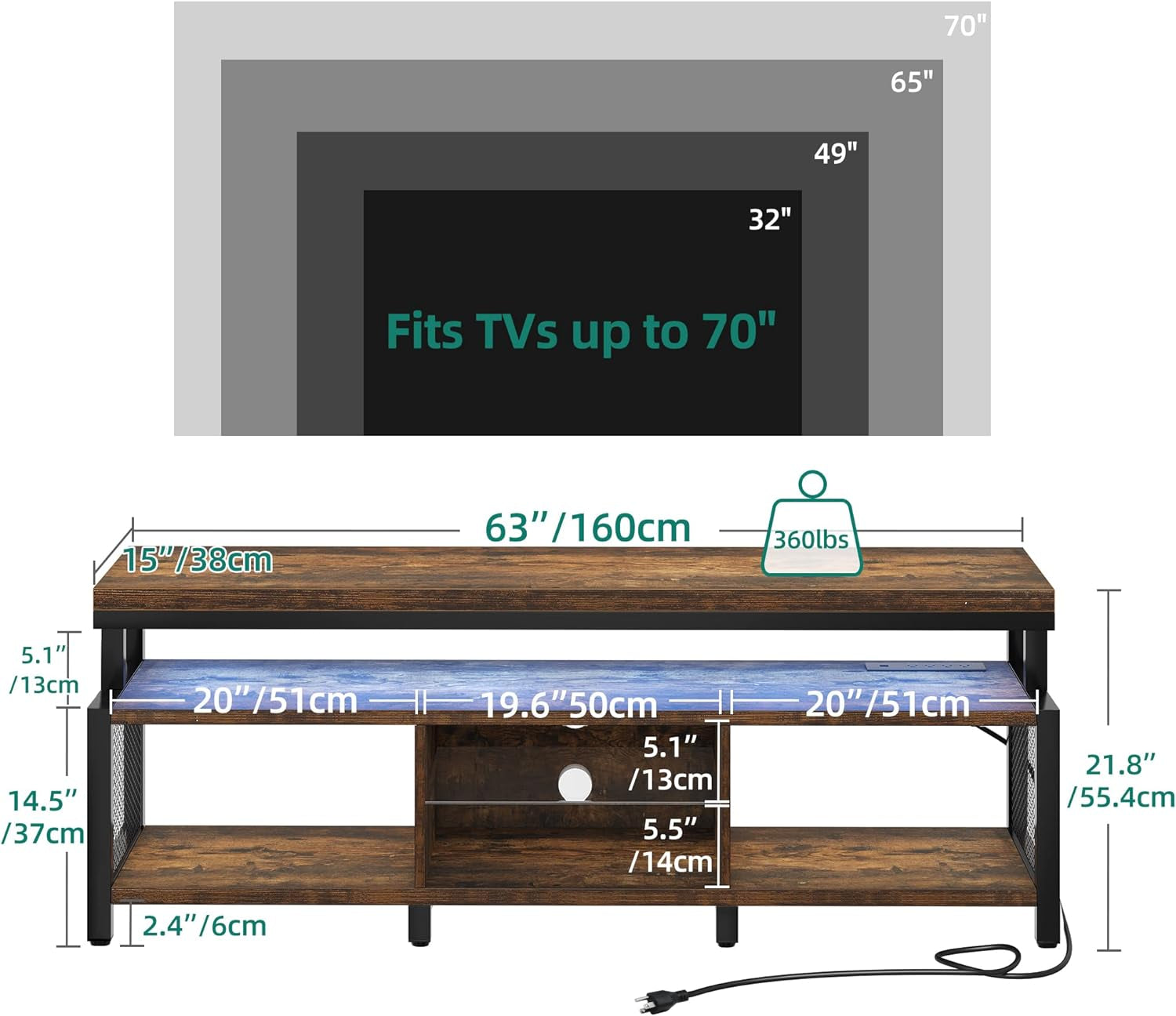 LED Television Stands W/Power Outlets for 70/65 Inch, Modern Industrial TV Stand, Entertainment Center W/Open Storage, Entertainment Center for 360Lbs for Living Room, Retro Brown-1