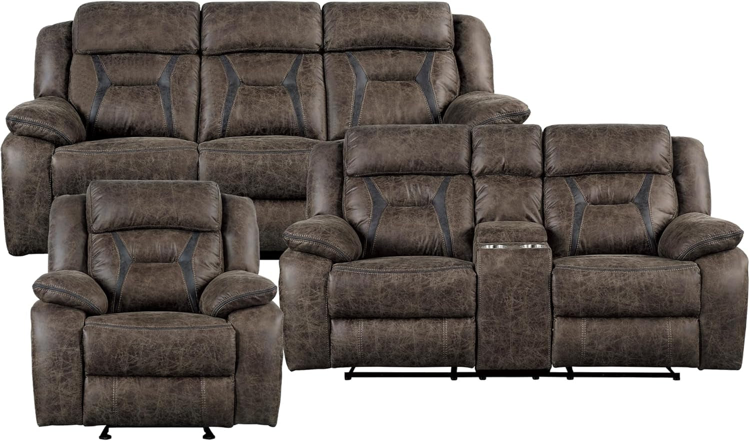 Recliner Living Room Set, Manual Polished Microfiber Upholstery Recliner Sofas, Loveseat and Chair, 3-Piece Set, Dark Brown-2