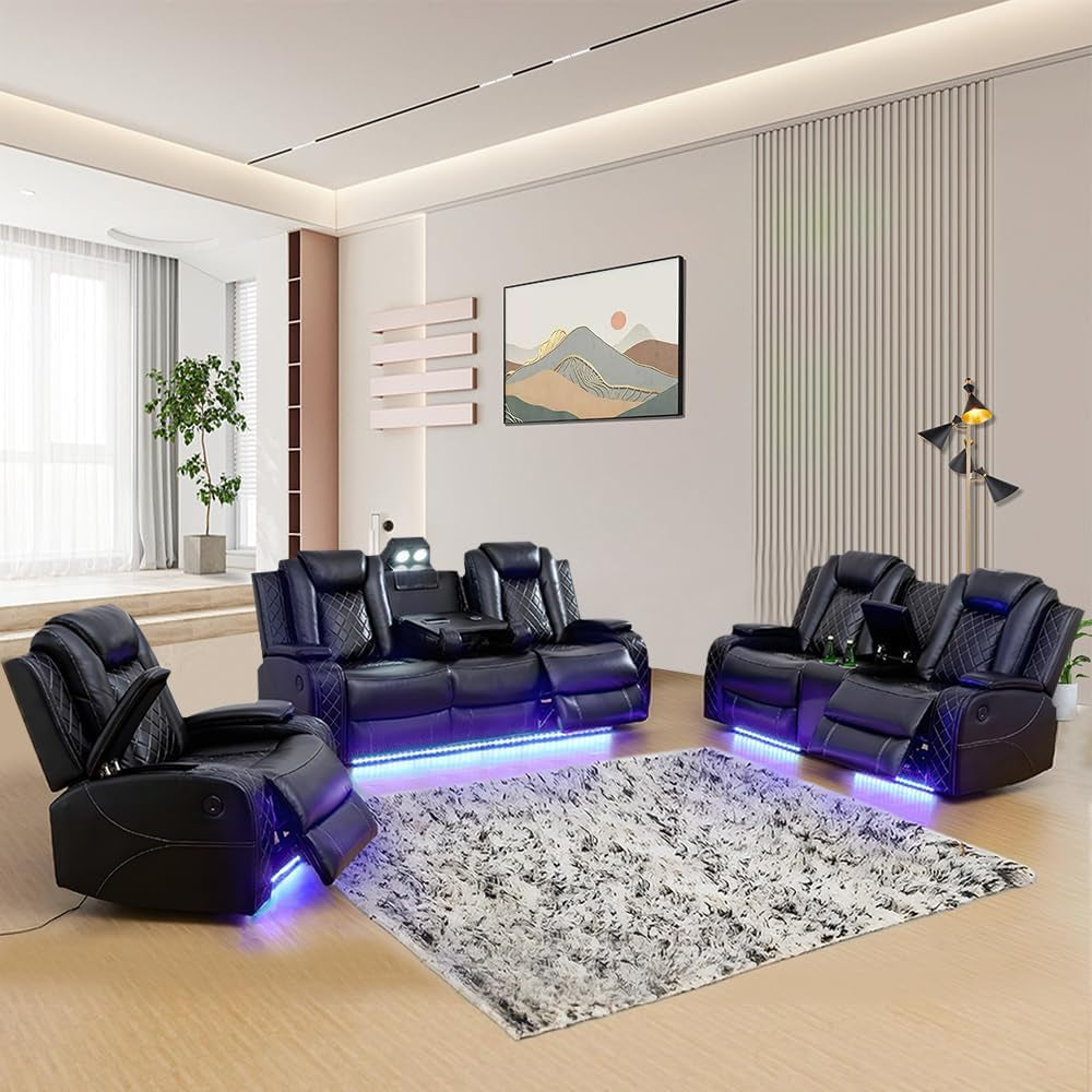 Luxury Living Room Furniture Sets Power Recliner Sectional Sofa Recliner Couch Set Recliner Leather Couch and Recliner Set Loveseat Chair for House/Office/Theater Seating(A-Black)-0