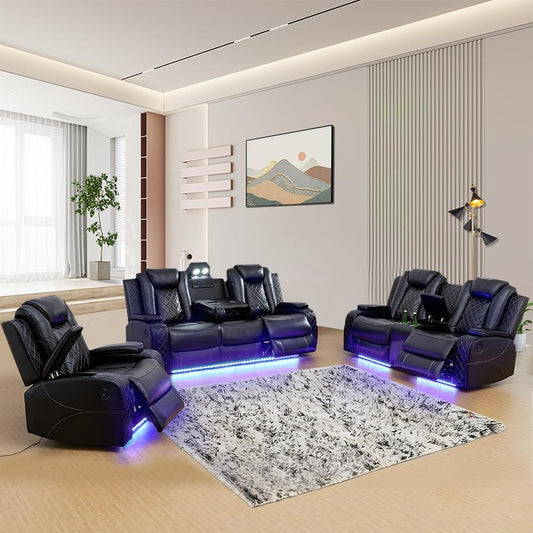 Luxury Living Room Furniture Sets Power Recliner Sectional Sofa Recliner Couch Set Recliner Leather Couch and Recliner Set Loveseat Chair for House/Office/Theater Seating(A-Black)-0