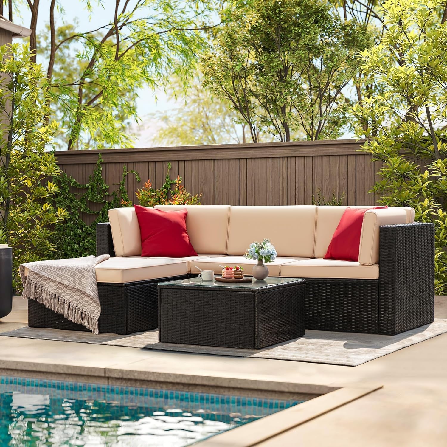 5 Piece Patio Conversation Set Wicker Rattan Furniture Outdoor Sofa with Cushions,Pillows & Glass Table for Porch,Lawn and Yard, Light Beige-2