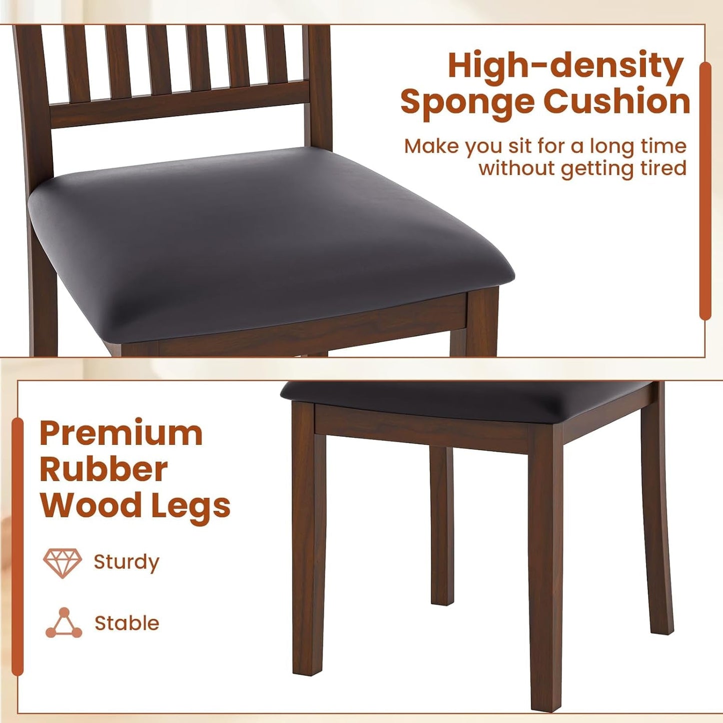 Wooden Dining Chairs Set of 2, Upholstered Kitchen Chairs W/Slat Back, Wear-Resistant PVC Leather, Rubber Wood Legs, Farmhouse Dining Side Chairs for Dining Room, Living Room, Espresso-3