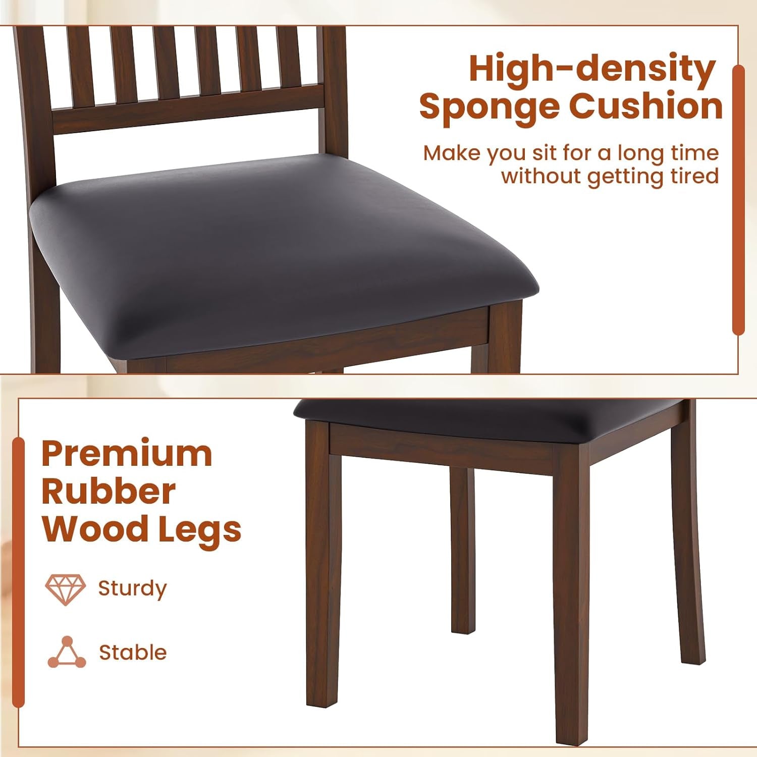 Wooden Dining Chairs Set of 2, Upholstered Kitchen Chairs W/Slat Back, Wear-Resistant PVC Leather, Rubber Wood Legs, Farmhouse Dining Side Chairs for Dining Room, Living Room, Espresso-3