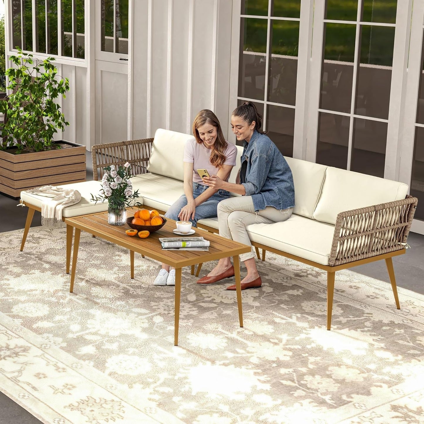 4 Pieces Patio Furniture Set, Sectional L-Shaped Sofa for Patio Backyard Poolside Porch, All-Weather Rattan Woven Conversation Set Detachable Lounger with Side Table & Cushions (Beige)-2