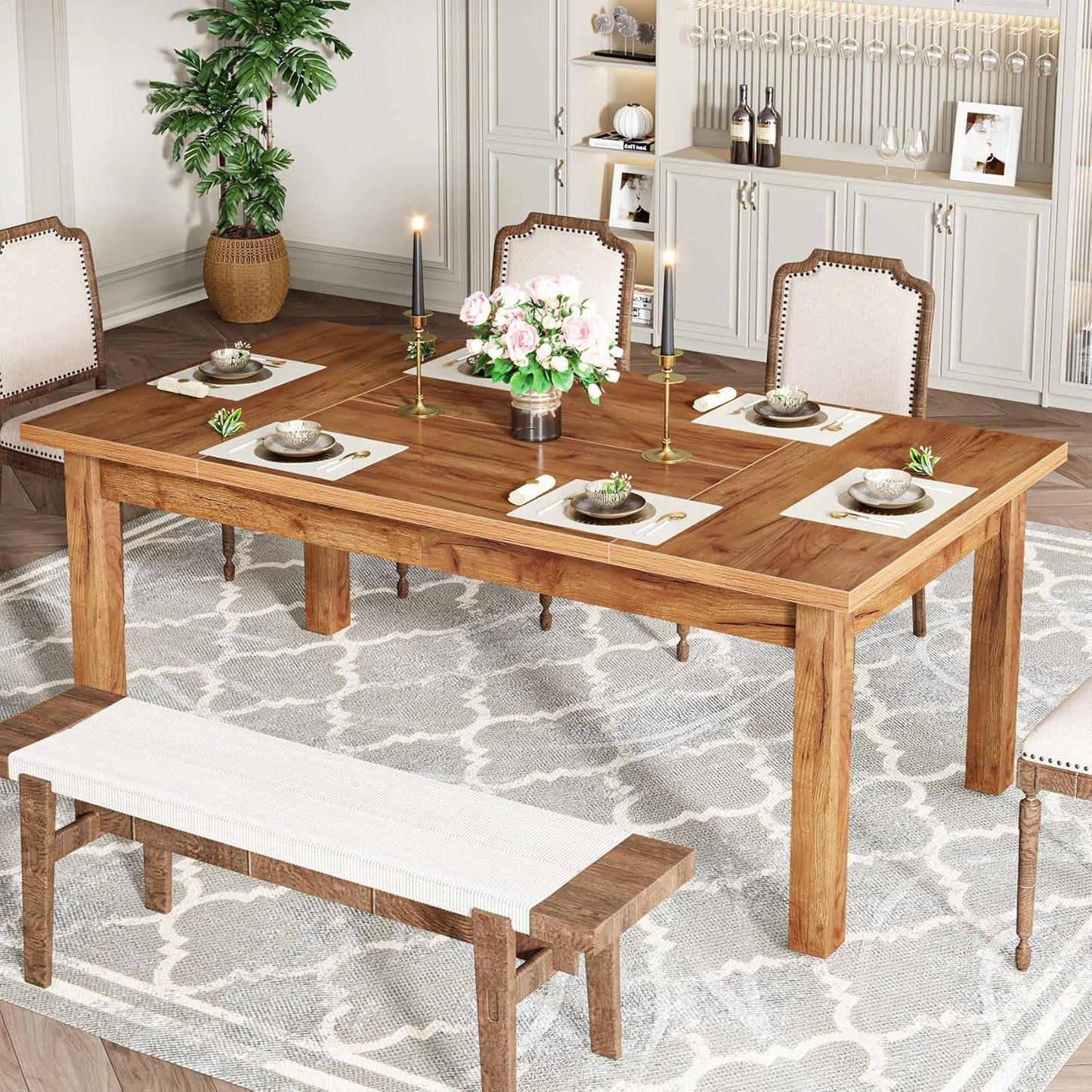 70.87" Wood Dining Table for 6-8 People, Modern Large Rectangle Kitchen Table, Farmhouse Dinner Table Dining Room Table Kitchen & Dining Room Furniture with Thickened Legs-0