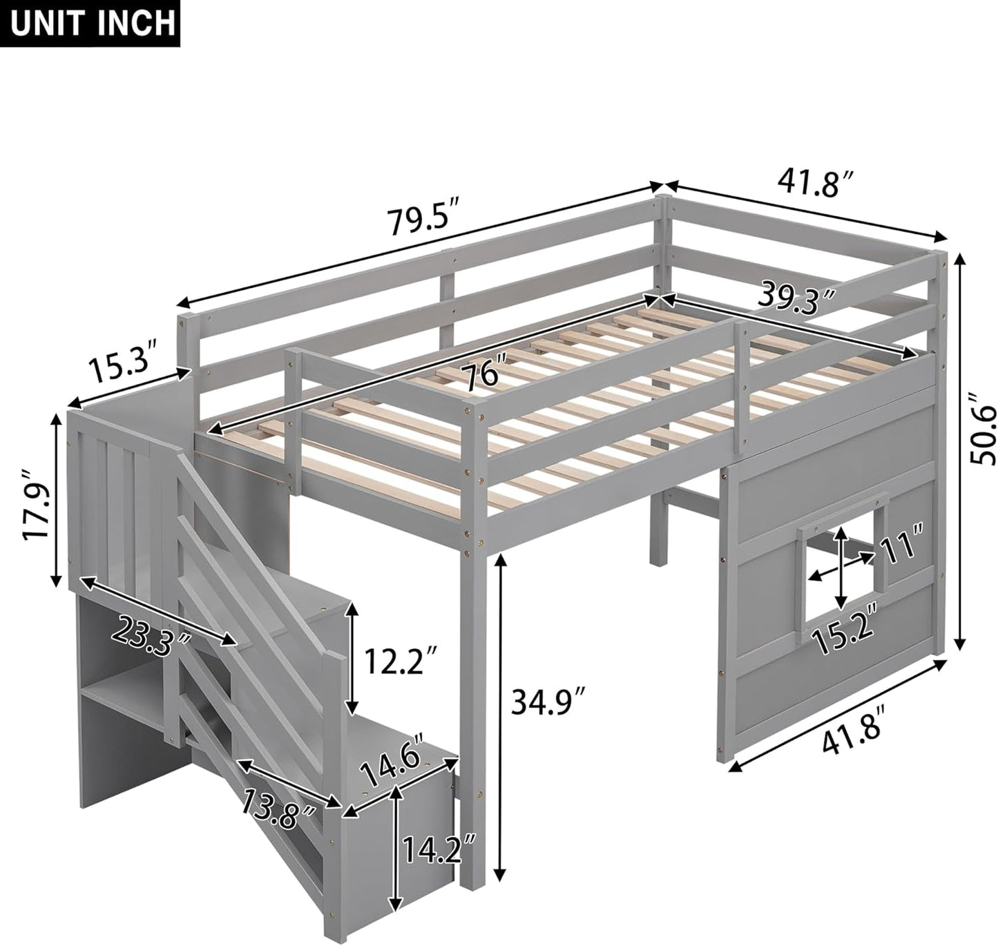 Twin Size Low Loft Bed with Stairs, Kids Loft Bed with Storage,Solid Wood Twin Loft Bed Frame for Kids, Space Saving Low Loft Bed for Boys, Girls, Gray-1