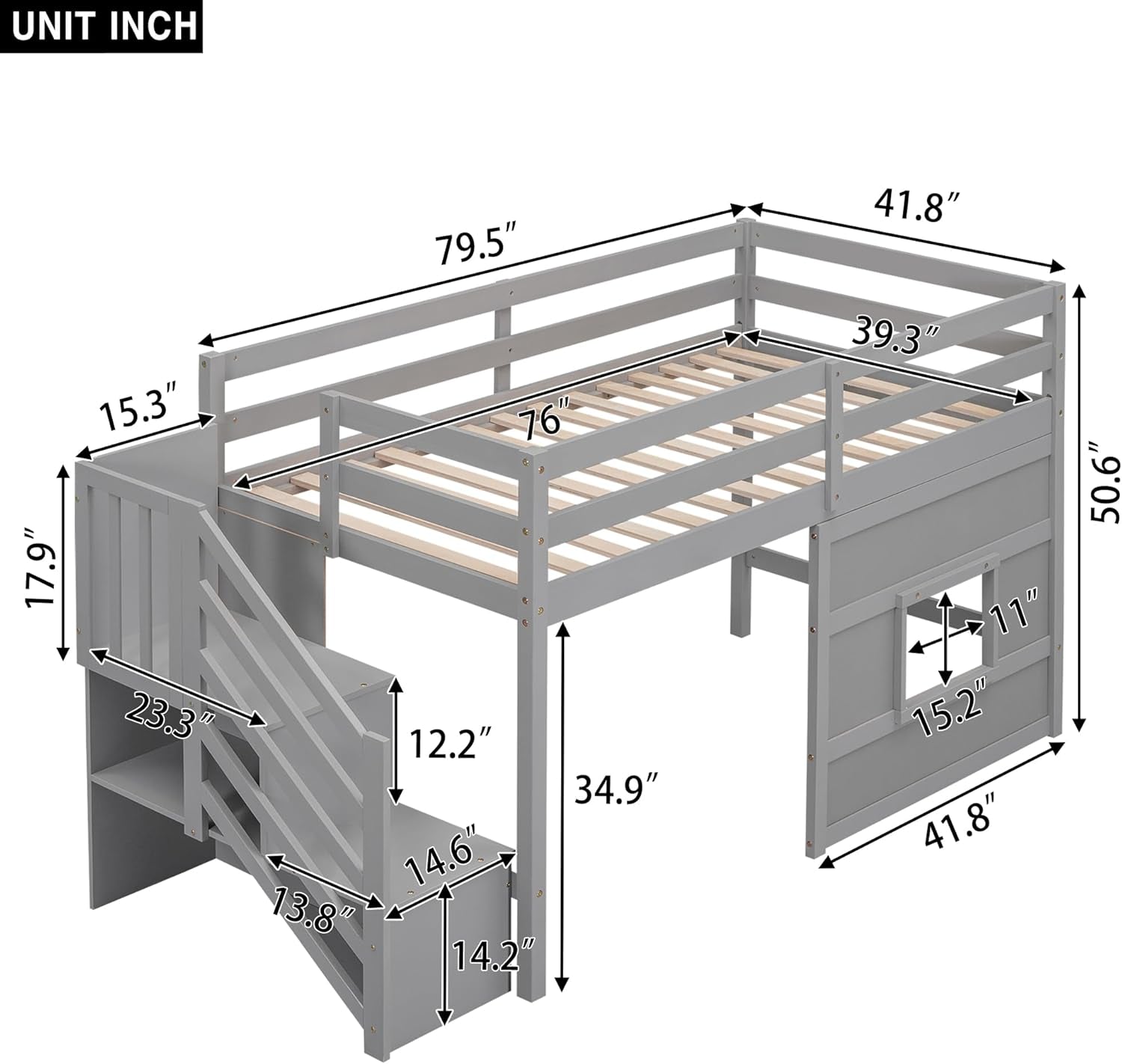 Twin Size Low Loft Bed with Stairs, Kids Loft Bed with Storage,Solid Wood Twin Loft Bed Frame for Kids, Space Saving Low Loft Bed for Boys, Girls, Gray-1