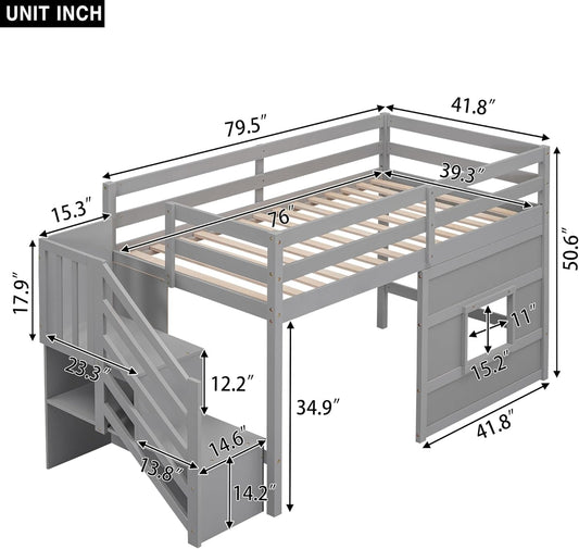 Twin Size Low Loft Bed with Stairs, Kids Loft Bed with Storage,Solid Wood Twin Loft Bed Frame for Kids, Space Saving Low Loft Bed for Boys, Girls, Gray-1