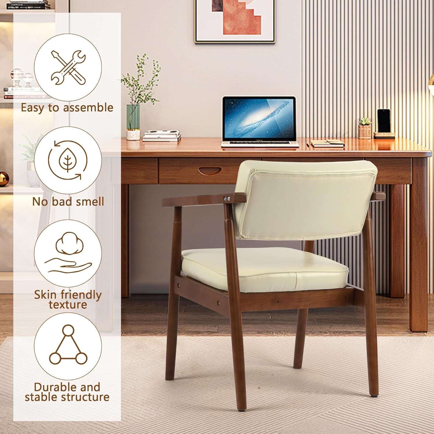 Mid Century Dining Chairs with Wooden Handrail, Beige Fabric Upholstered Faux Leather Armchair Comfy Backrest Modern Kitchen Chairs for Bedroom Living Room Dining Room, Set of 1-4