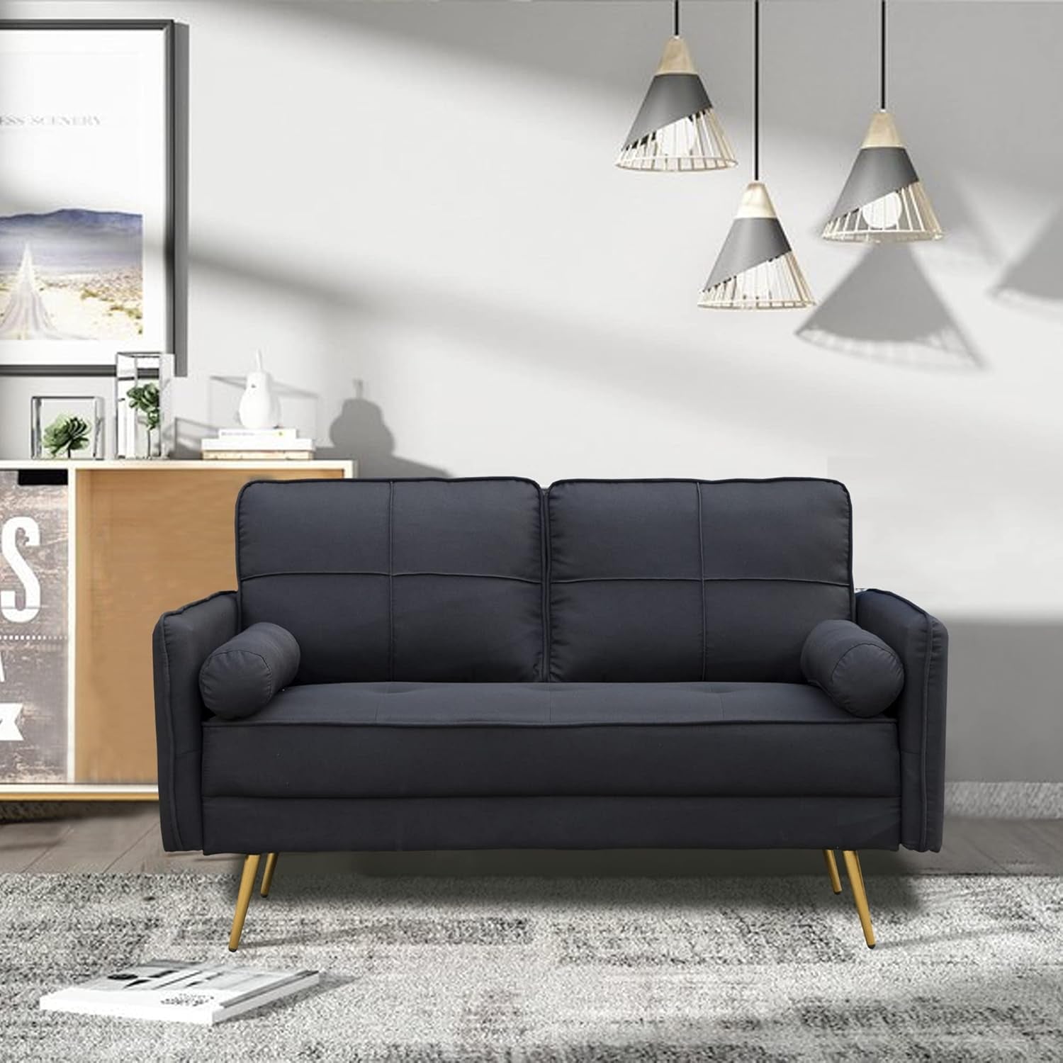 Modern 2 Piece Sofa Set Velvet Loveseat & Sofa Set Tufted Loveseat & Couch Set Upholstered Living Room Furniture Set with Bolsters & Metal Legs for Living Room,Bedroom,Dorm - Black-4
