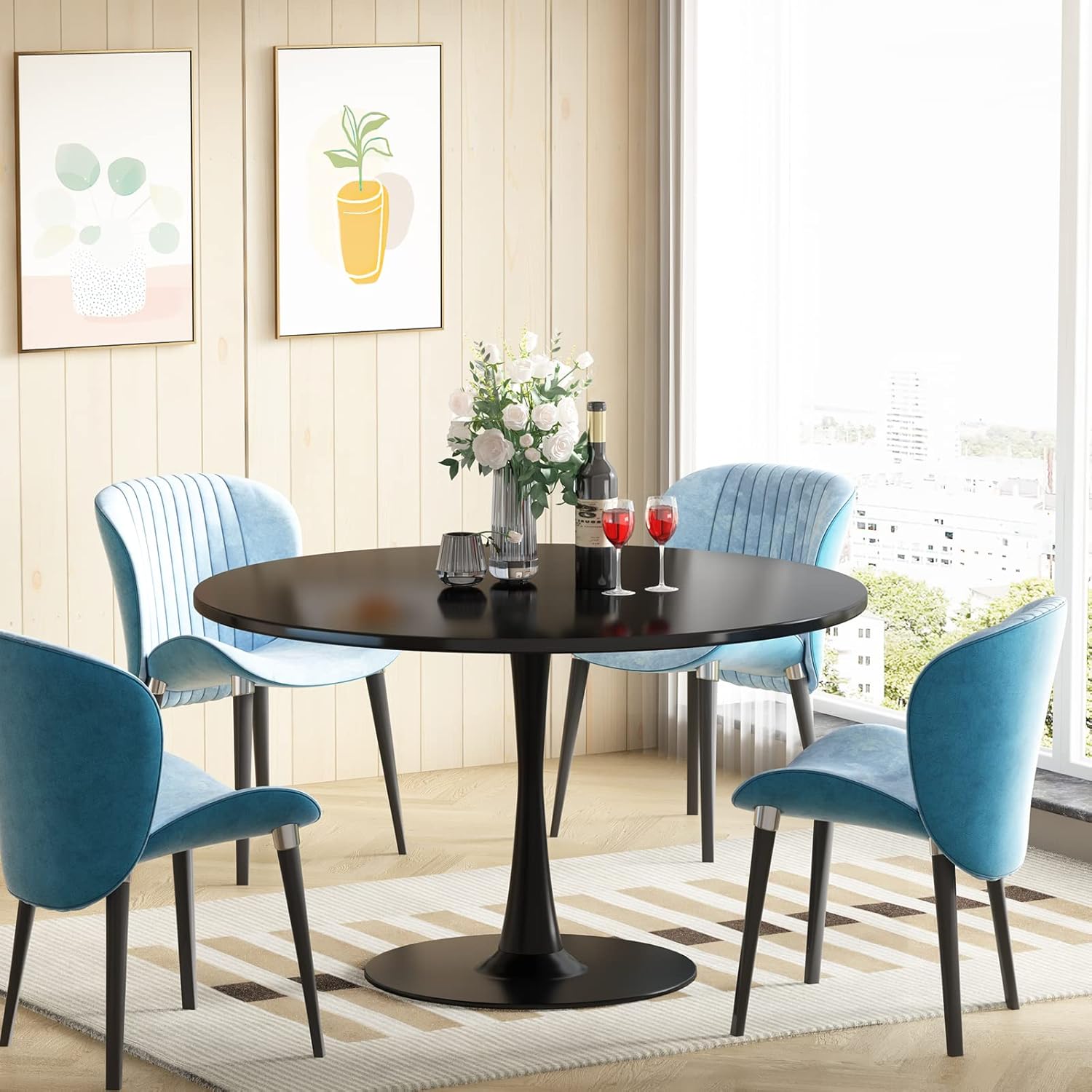 DKLGG Black round Dining Table, 42.1" Tulip Table Kitchen Dining Table 4-6 People with MDF Table Top & Pedestal Base, Mid-Century End Table Leisure Coffee Table Office Living Room Table-3