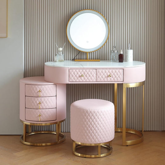 Faux Leather Makeup Vanity Desk Set with LED Lighted Mirror Luxury Dressing Makeup Table with Storage Drawers & Vanity Stool, Pink-0