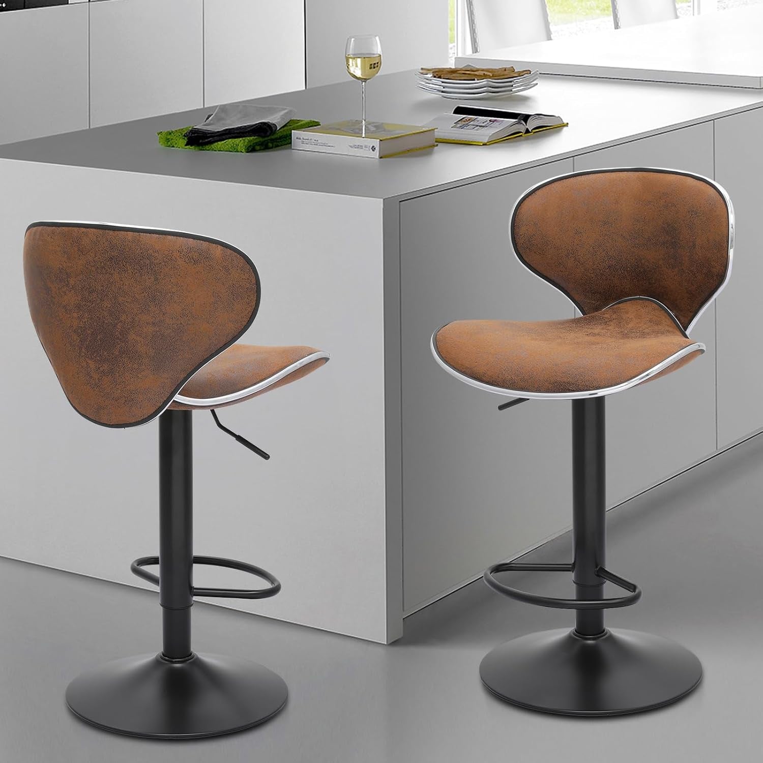 Bar Stools Set of 2 Adjustable Counter Height PU Leather Modern Swivel Barstools W/Back and Footrest Kitchen Counter Chairs, Coffee Color-1