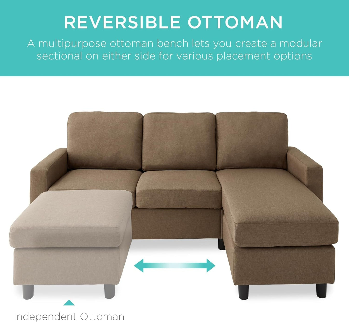 Brown 3-Seat L-Shape Sectional Sofa with Reversible Ottoman-3