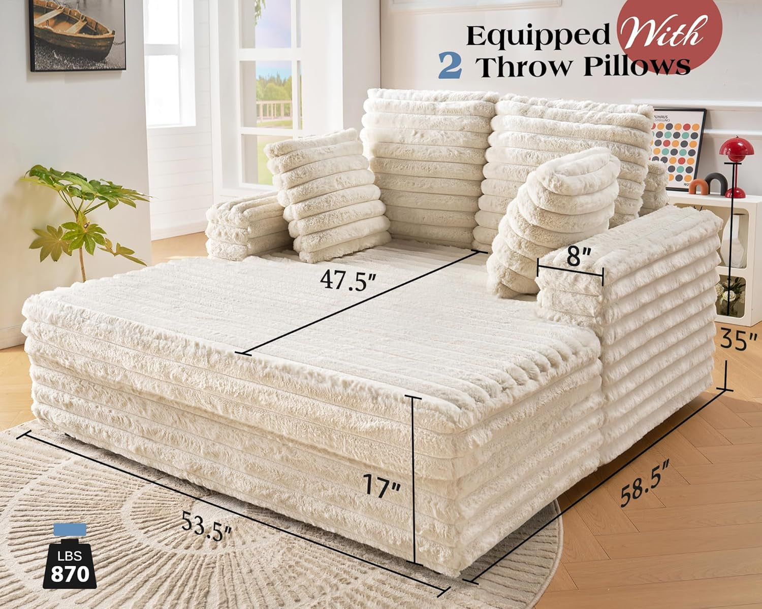 53.5 Inch Chaise Lounge Indoor, Upholstered Sofa Bed with Throw Pillows and Armrests, Sleeper Chair- Plush Chair Bed for Living Room, Off-White-1