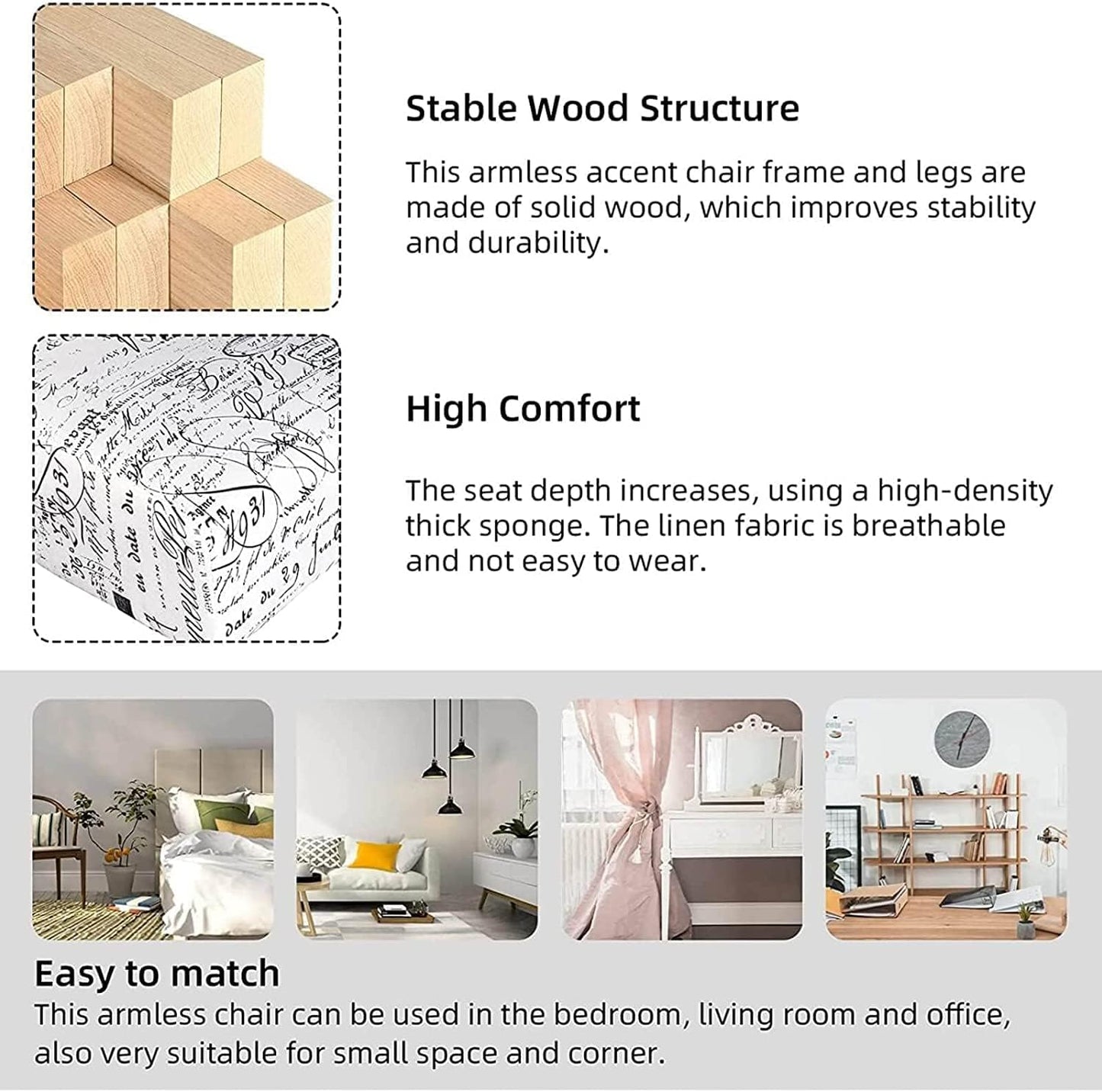 Armless Accent Chair Set of 2, Modern Living Room Chairs with Thick Cushion & Solid Wood Legs, Fabric Comfy Bedroom Chair Slipper Chair Accent Chairs Corner Side Chair Living Room Furniture, White-1