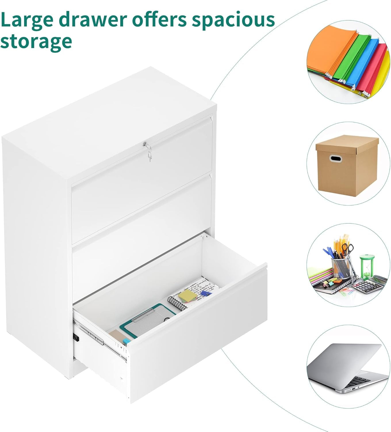 3 Drawer Lateral File Cabinet with Lock, Metal Stainless Steel Wide Lateral Filing Cabinet for Legal/Letter A4 Size, Office Organizer Storage Cabinet,White-3