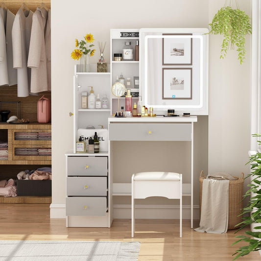 White Makeup Vanity Desk with Lighted Mirror and Drawers-1