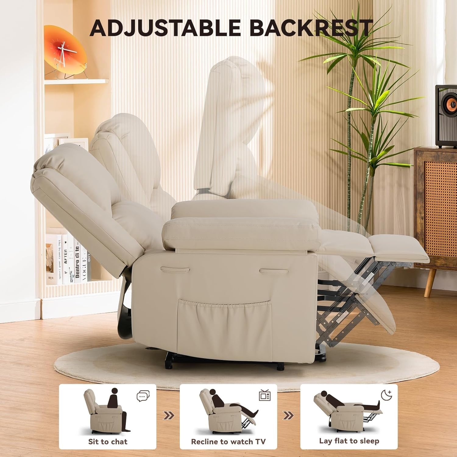 Power Lift Recliner for Elderly, Lift Chair with Heat and Massage，Pu Recliner Sofa with 2 Side Pockets and Infinite Position for Living Room, White-4