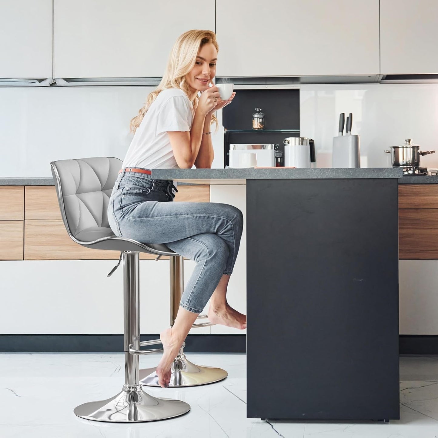 Bar Stools Set of 2, PU Leather Swivel Adjustable Barstools with Shell Back, Bar Chairs with Foma Padded for Home, Kitchen, Light Grey-3