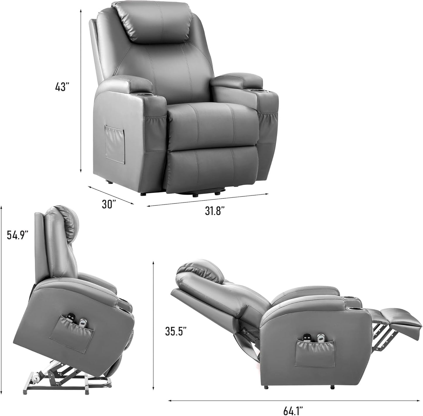 Gray Power Lift Recliner Massage Elderly Cup Holders-2