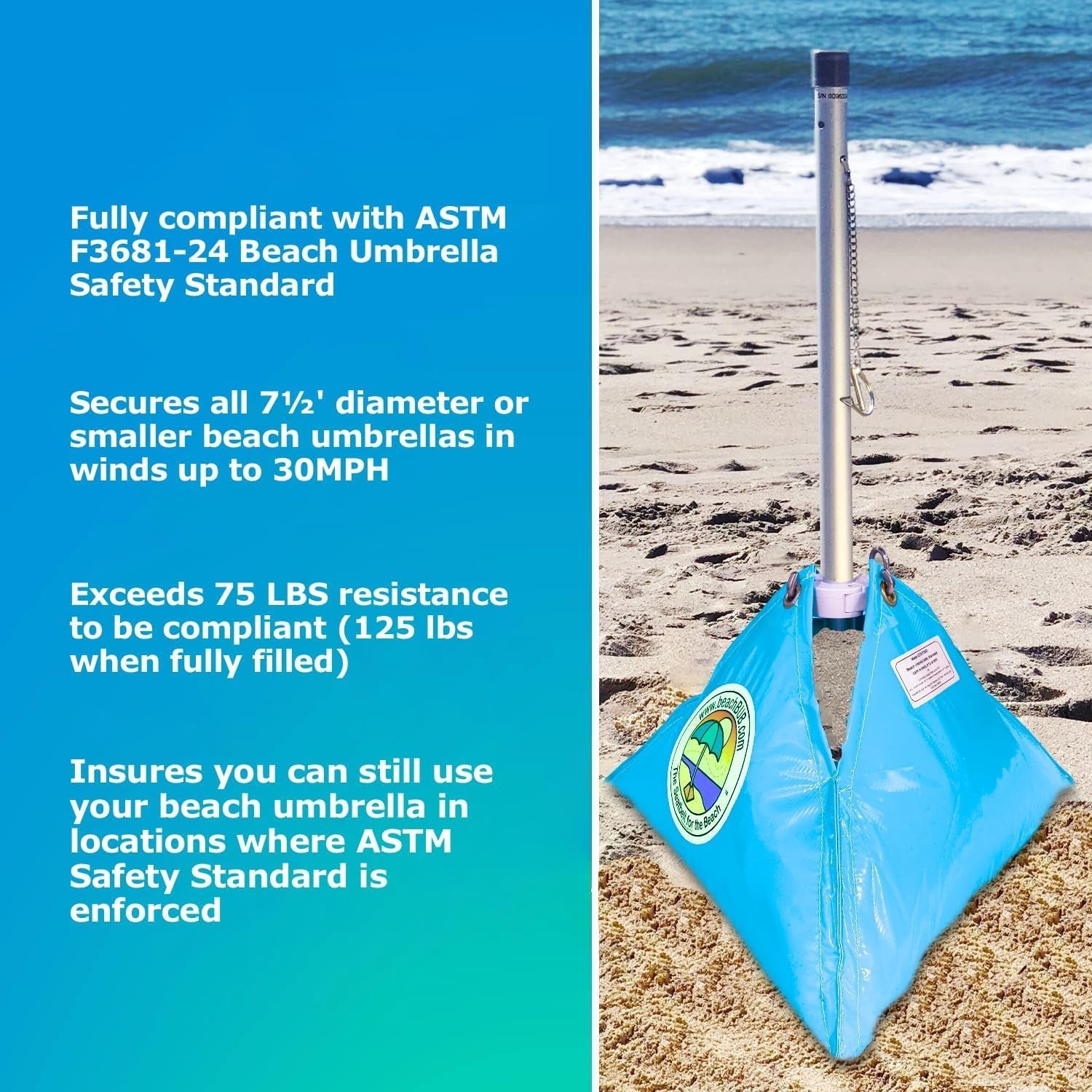 ALL-IN-ONE BEACH UMBRELLA SYSTEM. Includes ULTRA Base (Compliant with the ASTM F3681-24 Beach Umbrella Safety Standard). (Deep Ocean Blue)-3