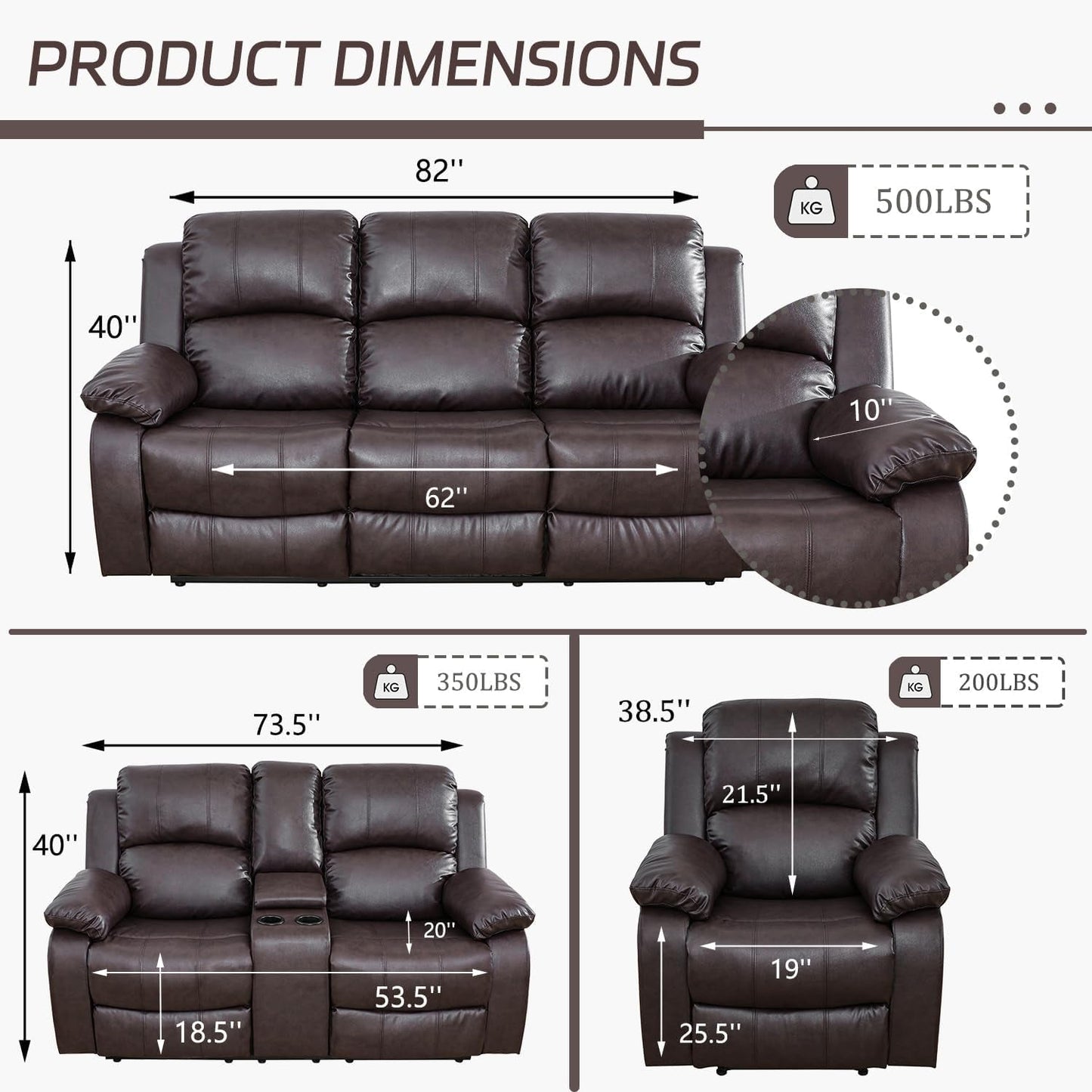Manual Recliner Sofa Set, Bonded Leather Sofa Set Living Room Furniture, Reclining Sofa Set Leather Recliner Couch with Cup Holder/Storage Console for Living Room (3 Pieces Couch Set, Brown)-2