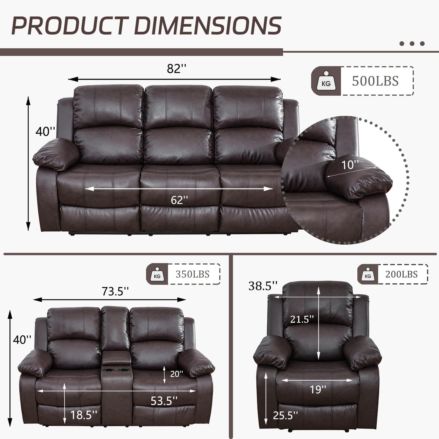 Manual Recliner Sofa Set, Bonded Leather Sofa Set Living Room Furniture, Reclining Sofa Set Leather Recliner Couch with Cup Holder/Storage Console for Living Room (3 Pieces Couch Set, Brown)-2