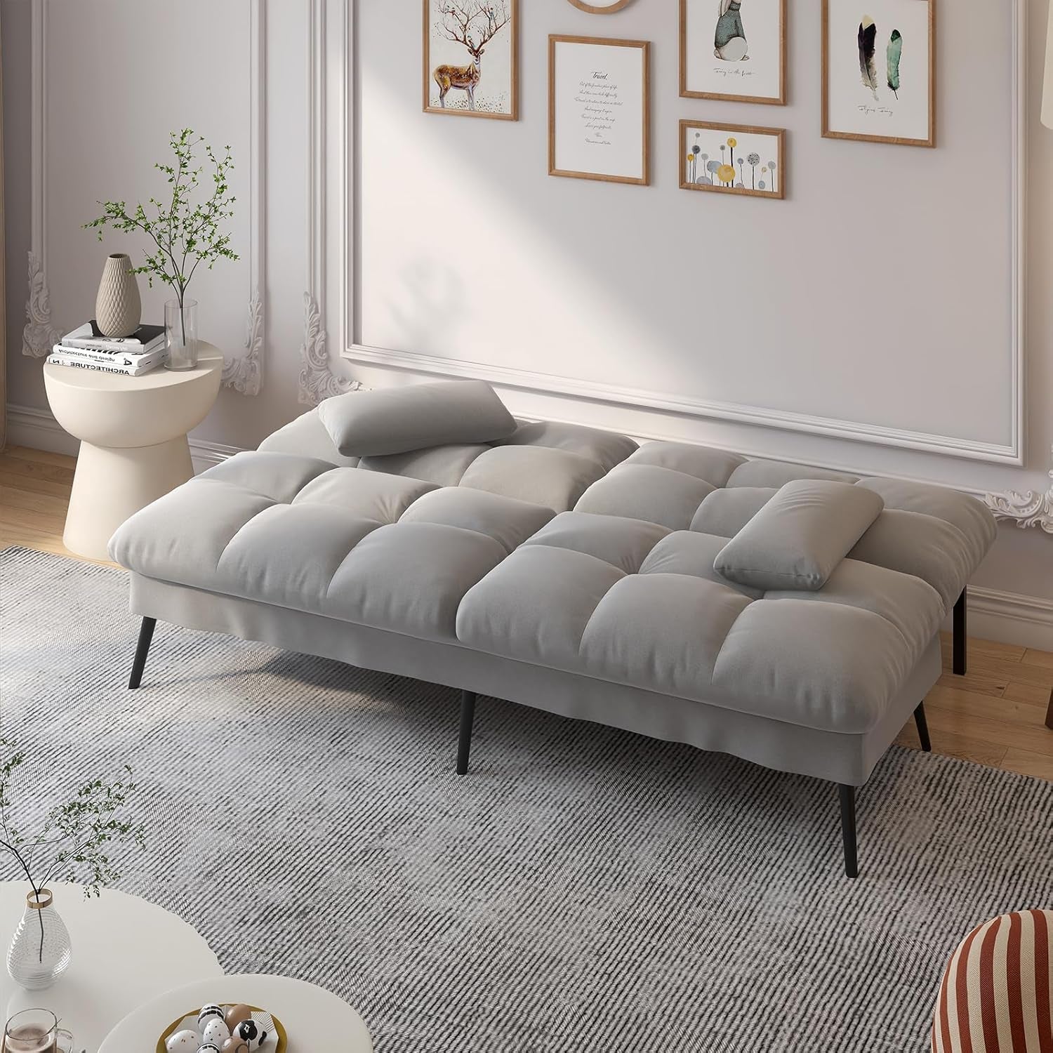 Convertible Futon Sofa Bed, 68″Fabric Futon Couch with Adjustable Backrest, Folding Futon Sleeper Recliner for Living Room Furniture (Grey)-0