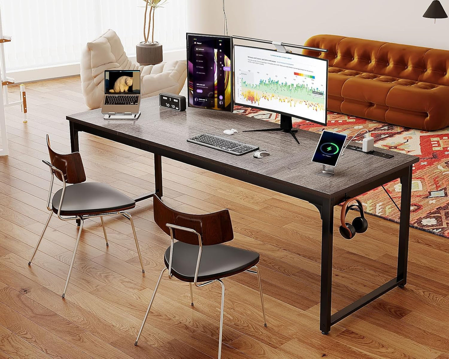 71 Inch Computer Desk with USB Ports, Large Office Desk, Long Study Student Writing Desk, Grey Oak-1