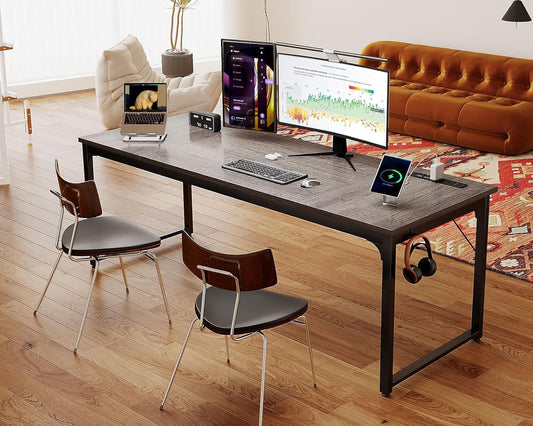 71 Inch Computer Desk with USB Ports, Large Office Desk, Long Study Student Writing Desk, Grey Oak-1