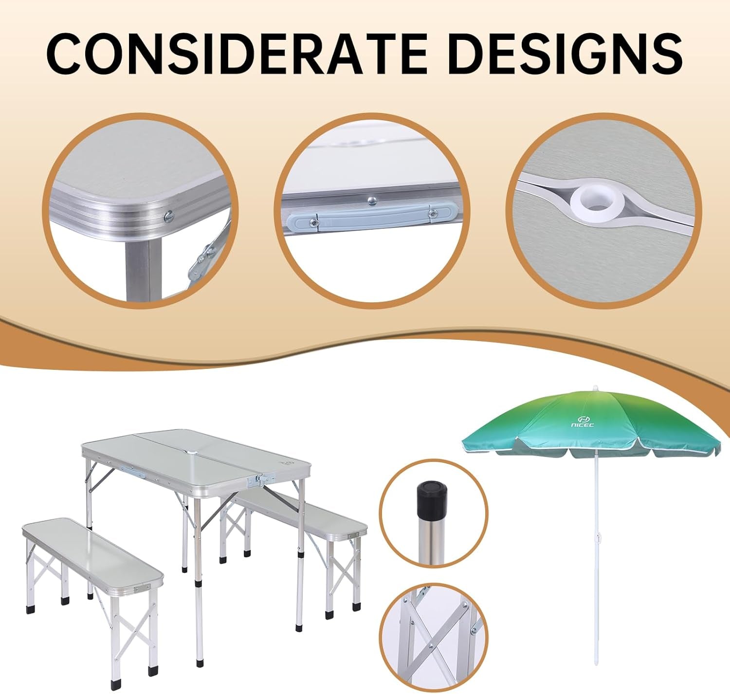 Folding Picnic Table with Umbrella Benches Mesh-3