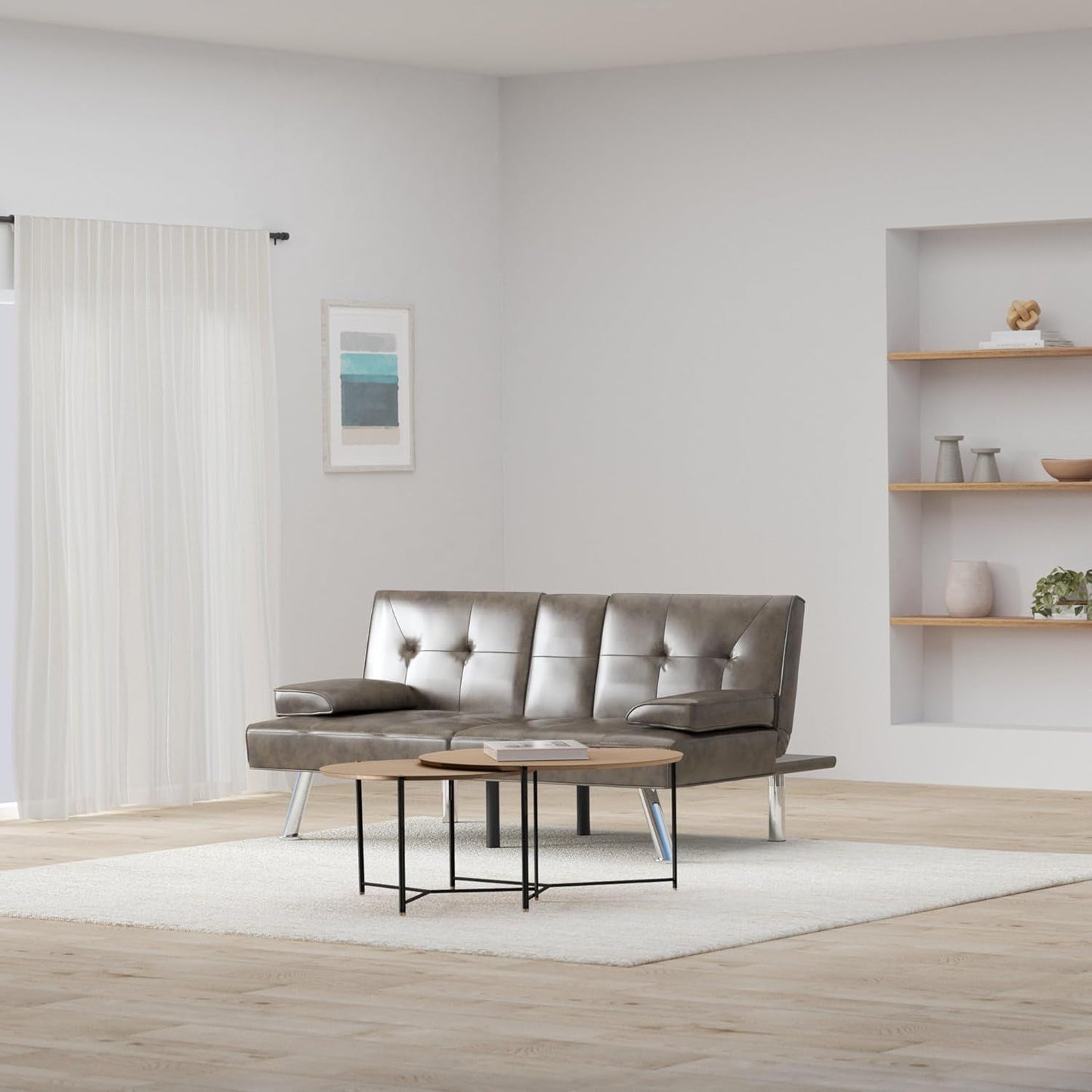 Faux Leather Upholstered Modern Convertible Futon, Adjustable Folding Sofa Bed, Guest Bed W/Removable Armrests - Gray-1