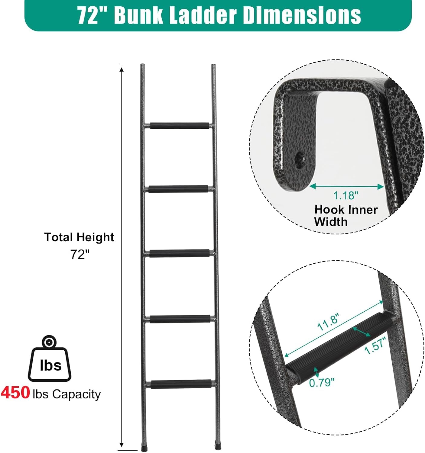 Anti-Slip RV Bunk Ladder, 72In Integrated Heavy Duty Steel Camper Bunk Bed Ladder with Anti-Slip Rubber Foot Pads and Hooks - Black-1