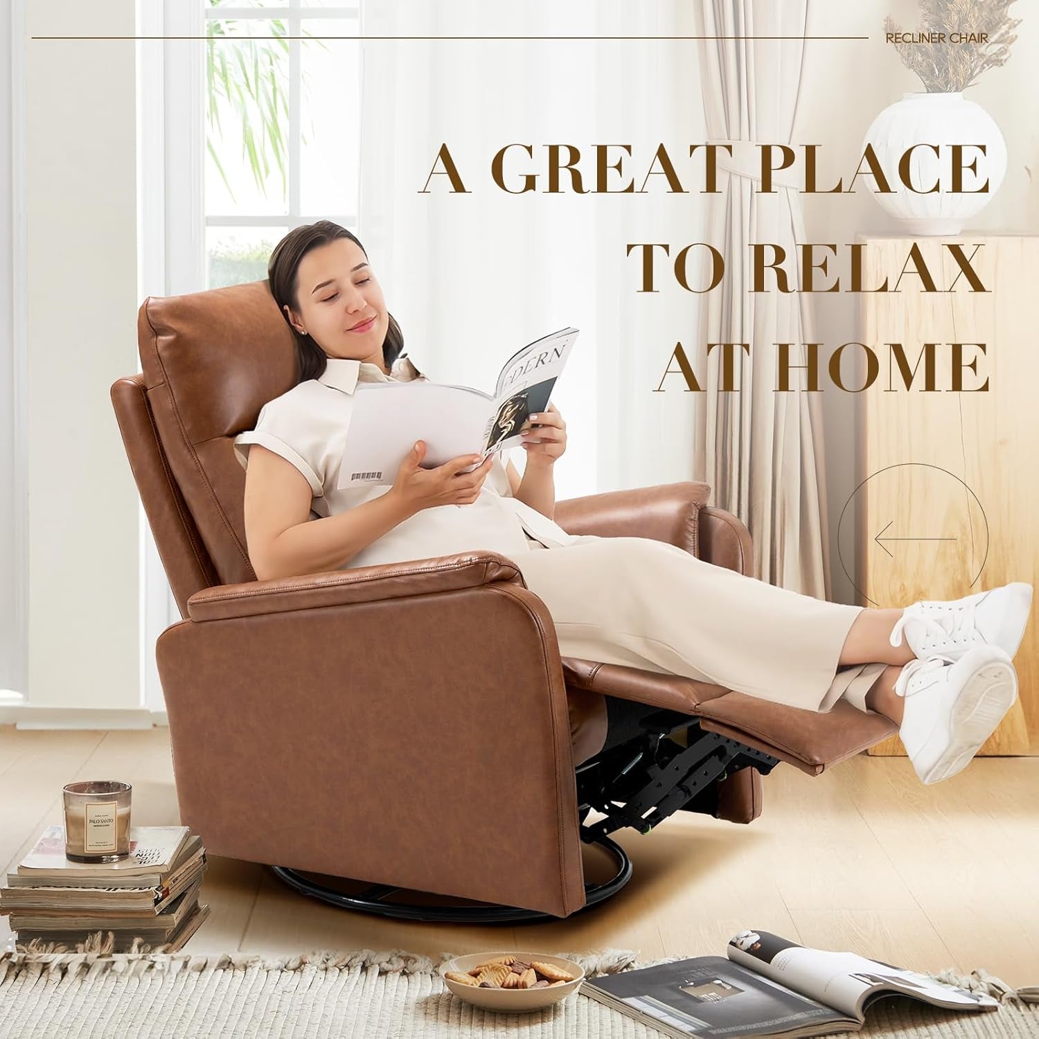 Swivel Rocking Recliner Glider Chair, Leather Nursery Reclining Rocker Chair with Footrest, Ergonomic Backrest, Wide Seat Cushion and Metal Base-Cocoa-4