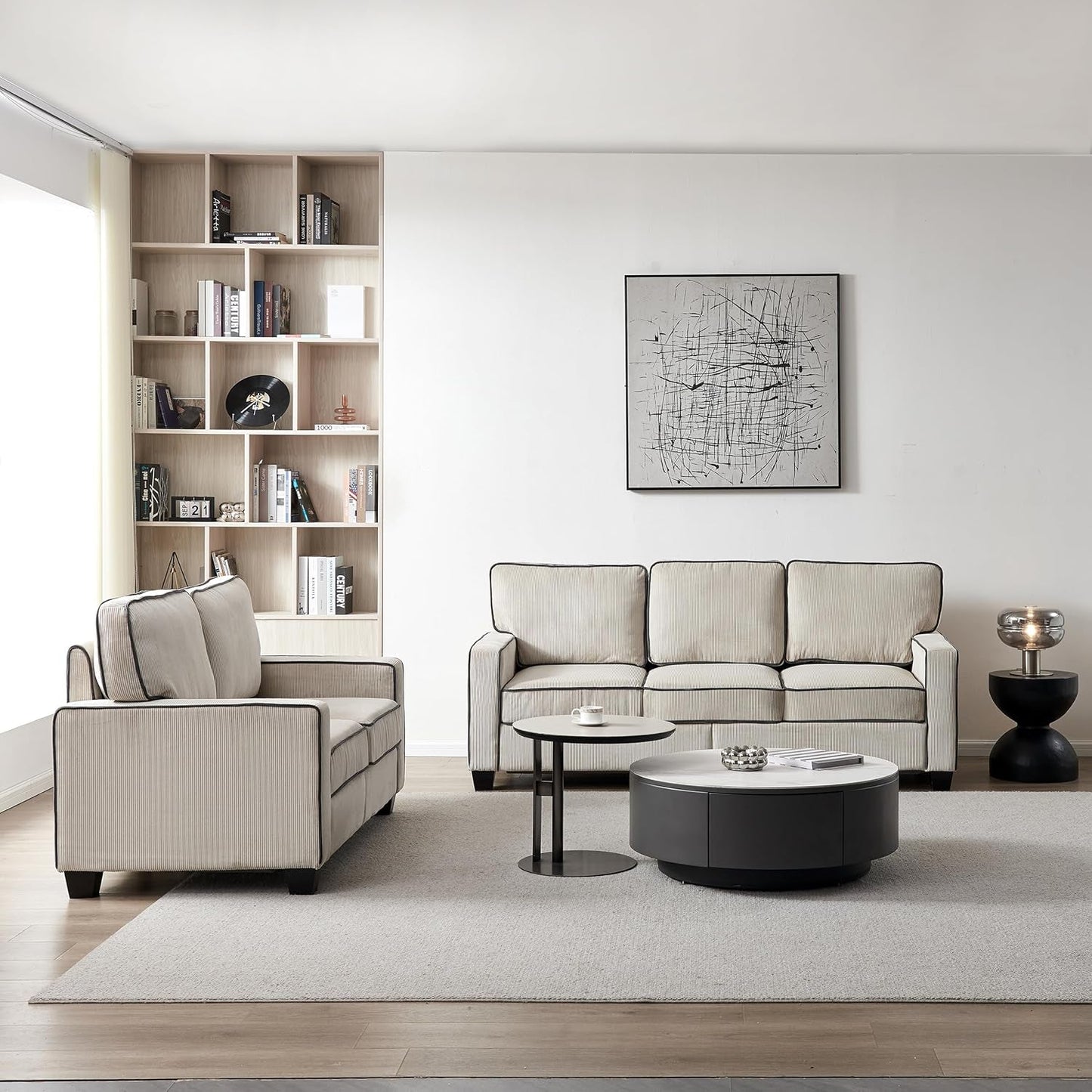 2 Piece Sofa Set，Living Room Furniture Set with Storage & Solid Wood Legs, Corduroy Fabric Upholstered Sofa Set 3-Seat Sofa and Loveseat for Living Room, Bedroom, Apartment-2