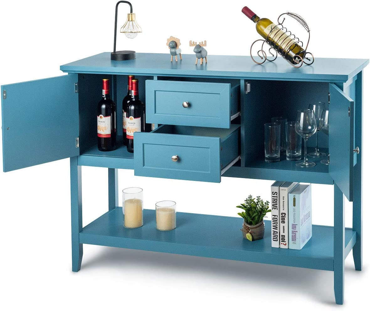 Aqua Wood Buffet Sideboard with Cabinets and Drawers-3