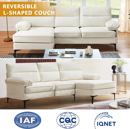 85” Convertible Sectional Sofa Couch, 3 Seat Sofa for Living Room L-Shaped Modern Chenille Fabric Modular Sofa Reversible Wide Chaise & Fluffy Armrests for Apartment (Beige)-1