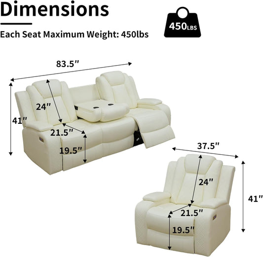 Power White Leather Reclining Sofa Set with LED Light for Living Room Set，Theater Seat Recliner Chair and 3 Seats Double Recliner Sofa with Drop-Down Table/Read Light/Wireless Charge/Usb Port-1