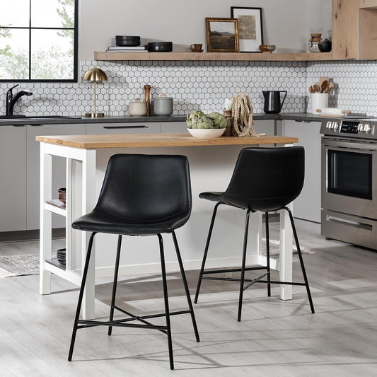 Modern Upholstered Faux Leather Armless Counter Stools with Powder-Coated Steel Base, Set of 2, Black-1