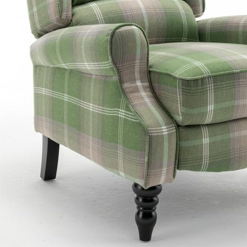 Upholstered Wingback Recliner Chair, Plaid Recliner Chair Armchair Adjustable Footrest Push Back Reclining Sofa, Mid-Century Modern Lounge Armchair for Living Room, Bedroom, Reading -- Green-4