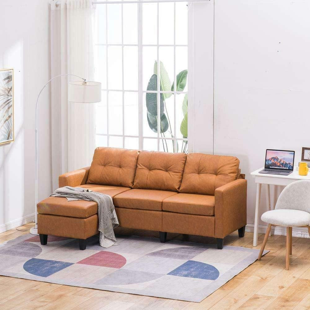 JHUS Faux Leather Sectional Sofa L-Shaped Couch W/Reversible Chaise Light Brown Sofa Sofa Bed Sleeper Sofa Sectional Sofa Couches for Living Room Sofas for Living Room Living Room Furniture-1