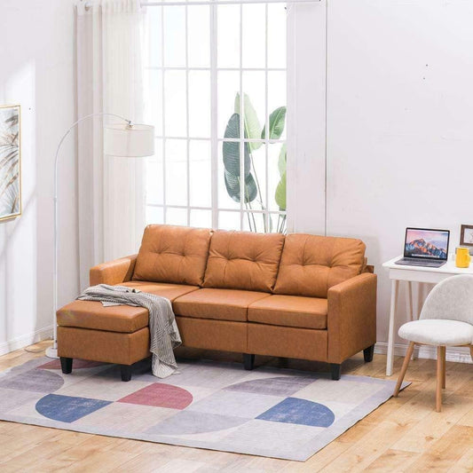 JHUS Faux Leather Sectional Sofa L-Shaped Couch W/Reversible Chaise Light Brown Sofa Sofa Bed Sleeper Sofa Sectional Sofa Couches for Living Room Sofas for Living Room Living Room Furniture-1