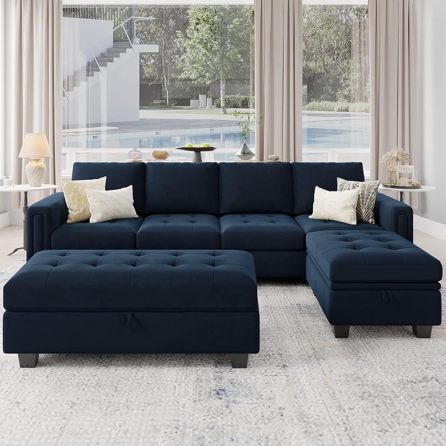 Velvet Convertible 4-Seat Sectional Sofa with Reversible Chaise L Shaped Sofa Couch Furniture Sets Sectional Couch with Storage Ottoman Blue-0