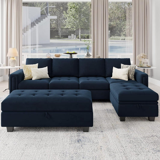 Velvet Convertible 4-Seat Sectional Sofa with Reversible Chaise L Shaped Sofa Couch Furniture Sets Sectional Couch with Storage Ottoman Blue-0